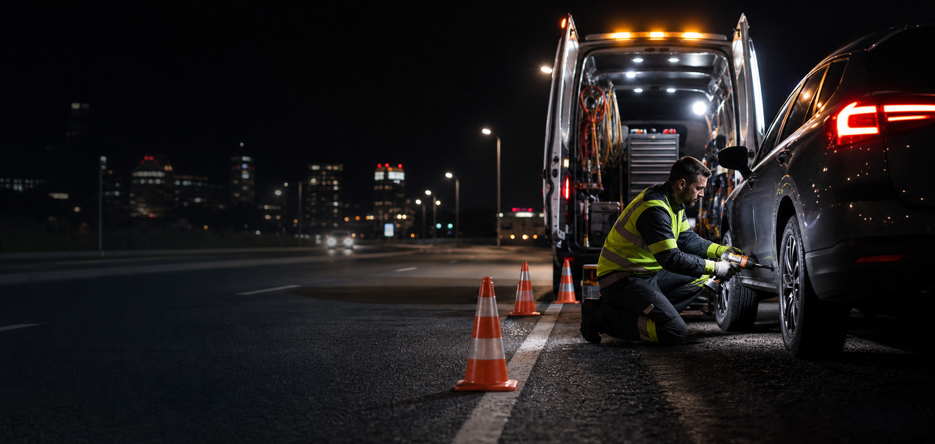 Mobile tire technician replacing a tire at night